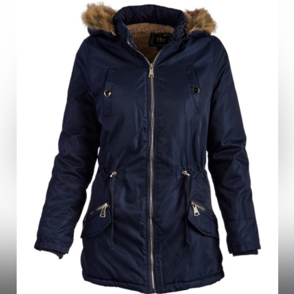 YMI Sherpa Lined Anorak Hooded Coat Navy with Brown Fur Size Large Juniors✨